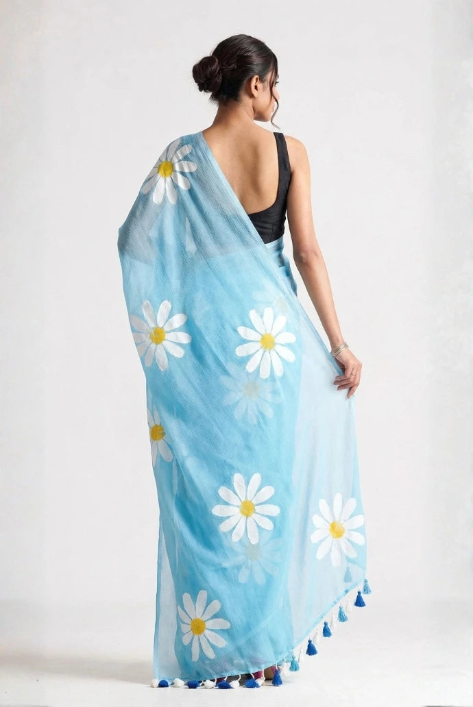 Sky Blue Chinon Saree Kalyanja Fashion